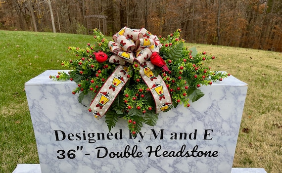 Christmas Cemetery Saddle, Berries, Redbirds, Bow, Headstone Arrangement