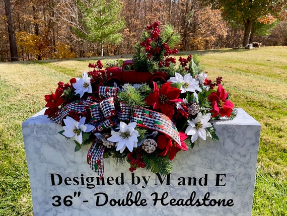 Red Truck with Bow in Christmas Cemetery Saddle, Christmas Farm Truck, Christmas Cemetery Flowers, Christmas Arrangement, Memorial Flowers