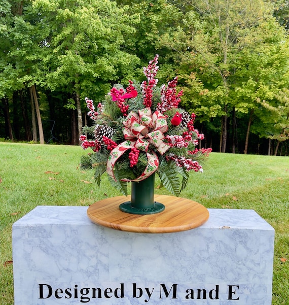 Cardinal Christmas Cemetery Vase Arrangement, Holiday Memorial Flowers