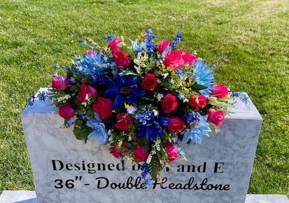 Bright Pink and Blues Cemetery Saddle, Flowers for the Cemetery, Memorial Day Saddle, Sympathy Flowers, Cemetery Flowers, Gravesite Flowers