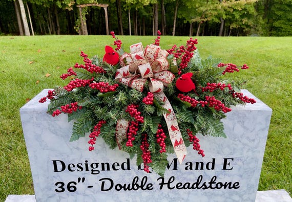Red Birds with Bow and Red Berries Christmas Cemetery Saddle Christmas, Christmas Cemetery Flowers, Christmas Arrangement, Memorial Flowers