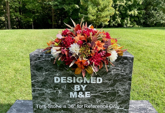 Fall Colors Cemetery Saddle: Brown, Green and Yellow Silk Flowers Headstone Arrangement