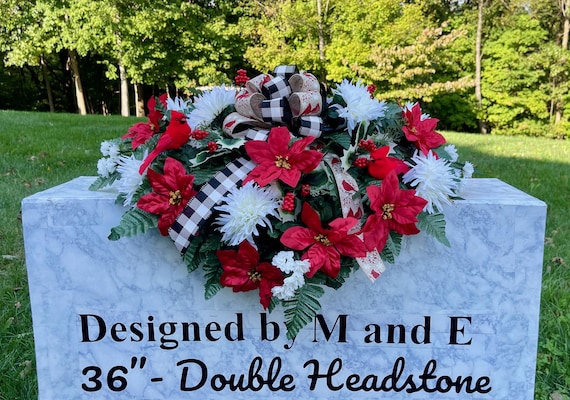 Red Cardinal Christmas Cemetery Saddle, Silk Floral Headstone Arrangement