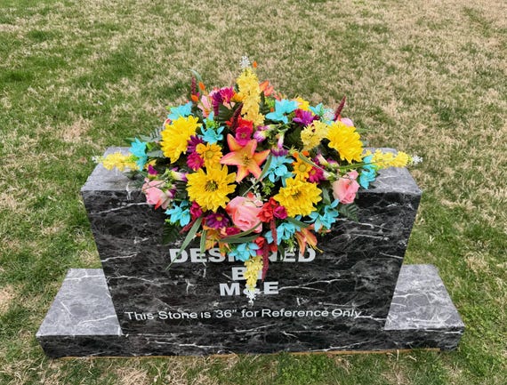 Teal-Salmon-Yellow Silk Flower Cemetery Saddle: Headstone Decoration