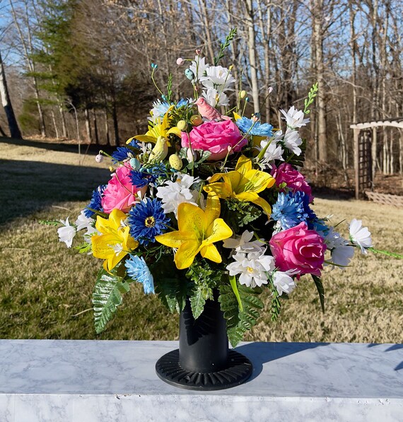 Easter Eggs and Little Bird in Bright Color Quality Silk Flowers, Easter Cemetery Vase, Easter Cemetery Flowers, Cemetery Flowers for Easter