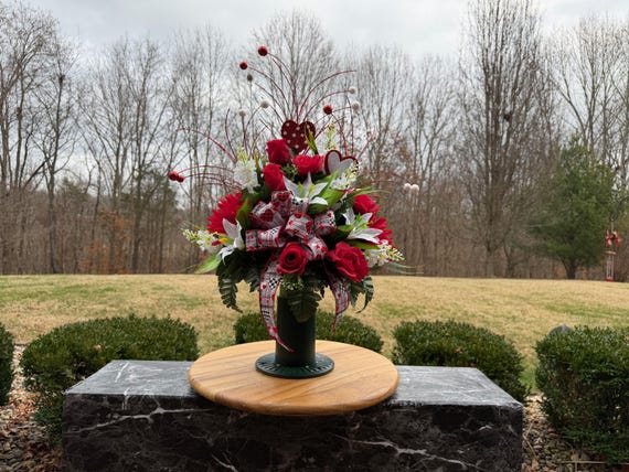 Valentine Decorations Cemetery Vase with Bow, Cemetery Arrangement, Grave Decorations, Memorial Flowers