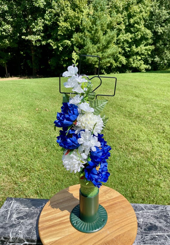 Silk Cemetery Cross Flower Arrangement: Bright Blue and White Memorial