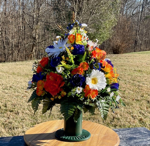One of a Kind Cemetery Vase, Orange Blue & White, Headstone Decorations, Cemetery Flowers, Grave Arrangement