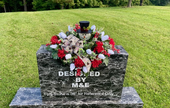 Christmas Cemetery Saddle: Snowman with Berries and Evergreen & Bow Memorial Flowers