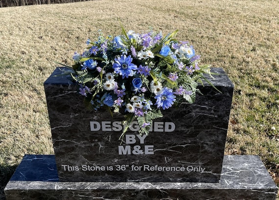 One of a Kind Cemetery Saddle, Blue & White Wild Flowers, Headstone Flowers, Cemetery Flowers, Grave Arrangement