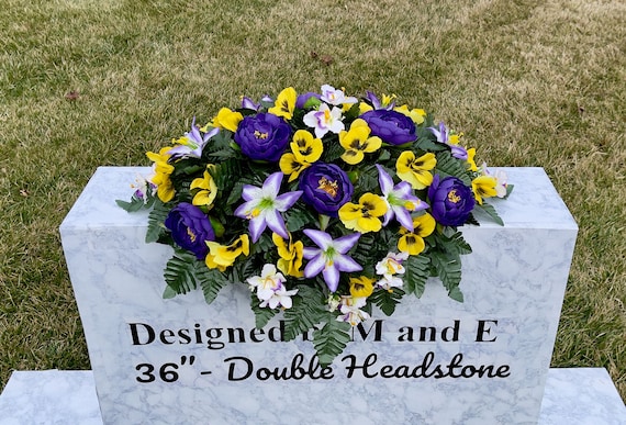 Yellow-Purple Quality Silk Flowers, Cemetery Saddle, Cemetery Flowers, Headstone Saddle, Cemetery Arrangement, Memorial Day Flower