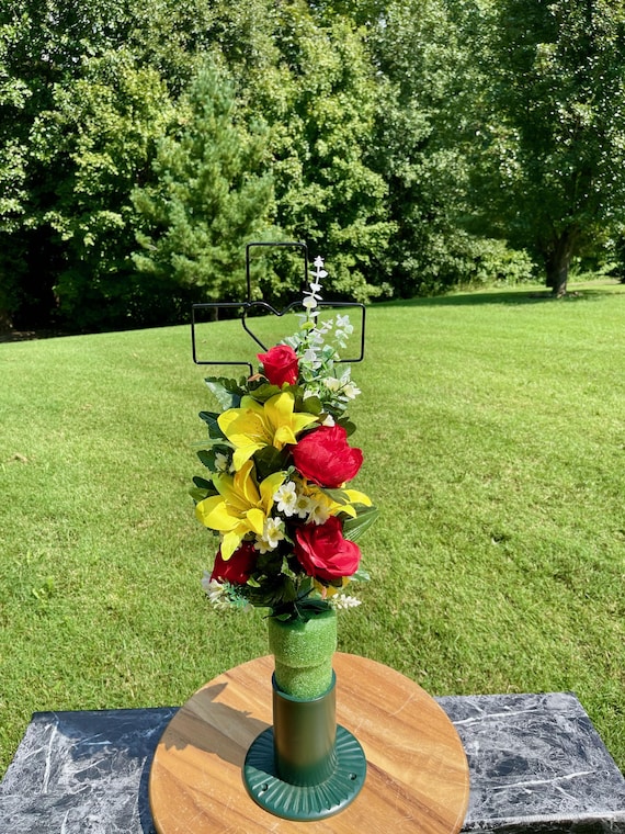 Silk Cemetery Cross Flower Arrangement: Red Roses and Yellow Lilies Memorial
