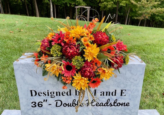 Fall Burgundy-Orange Cemetery Saddle, Flowers for the Cemetery, Memorial Day Saddle, Sympathy Flowers, Cemetery Flowers, Gravesite Flowers