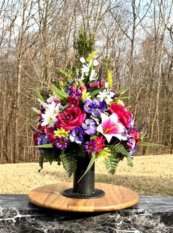 Pink Purple White Cemetery Vase Arrangement, Memorial Flowers, Sympathy Silk Blooms