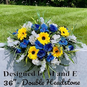 1 Blue-White-Yellow Quality Silk Flowers, Cemetery Saddle, Cemetery Flowers, Headstone Saddle, Cemetery Arrangement, Memorial Day Flowers