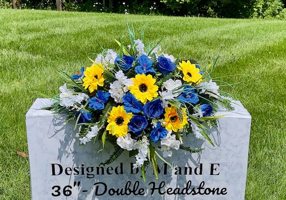 1 Blue-White-Yellow Quality Silk Flowers, Cemetery Saddle, Cemetery Flowers, Headstone Saddle, Cemetery Arrangement, Memorial Day Flowers