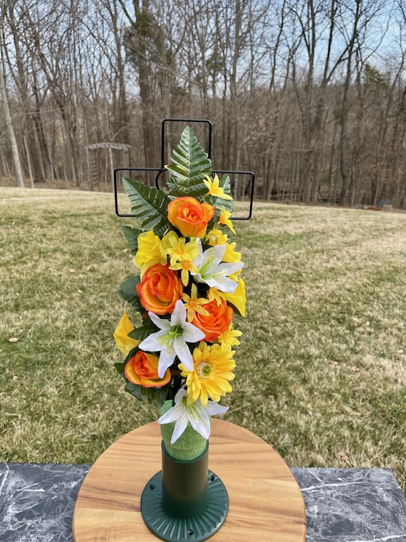 Yellow and Orange Silk Flowers on Cross, Cemetery Cross with Heart, 22” Cross Flower Arrangement, Flowers for Cemetery, Memorial Flowers