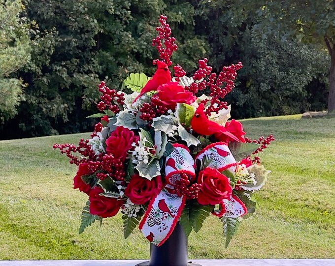 Cardinals Christmas Cemetery Vase, Vase Arrangement, Memorial Cemetery