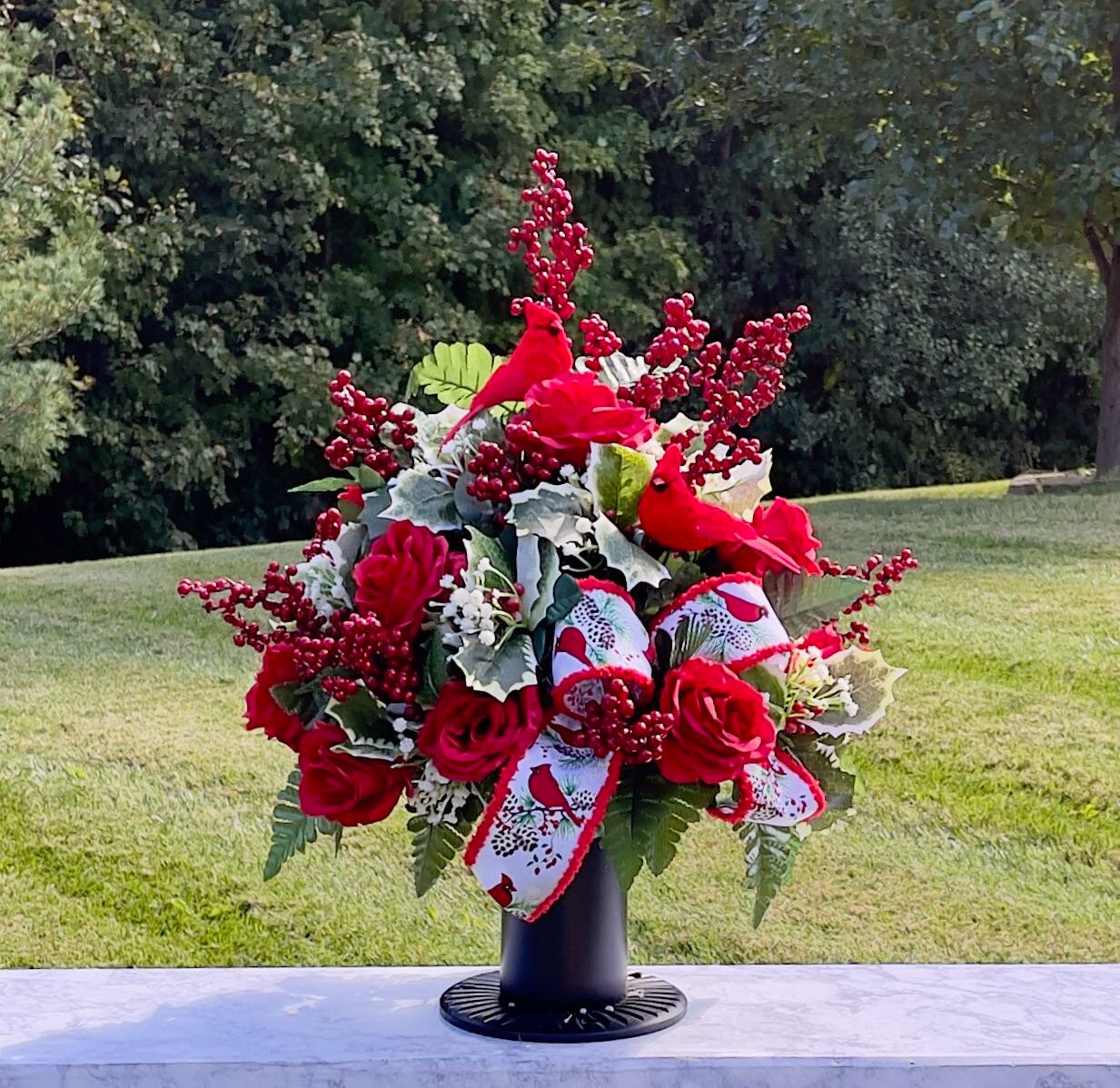 Cardinals Christmas Cemetery Vase, Vase Arrangement, Memorial Cemetery
