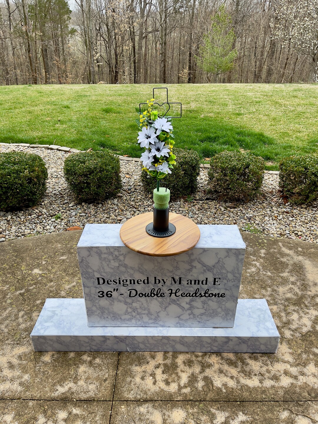 Yellowgreen Silk Flowers on Cross, Cemetery Cross With Heart, 22 Cross