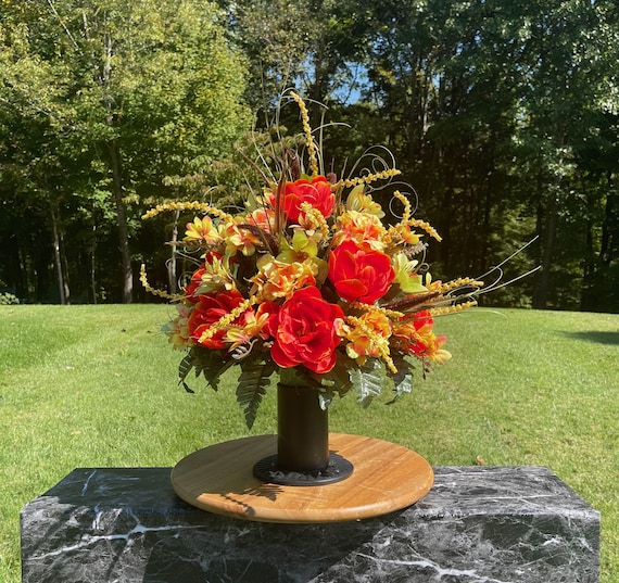 Vibrant Fall Cemetery Vase: Yellows & Pinks Memorial Flowers