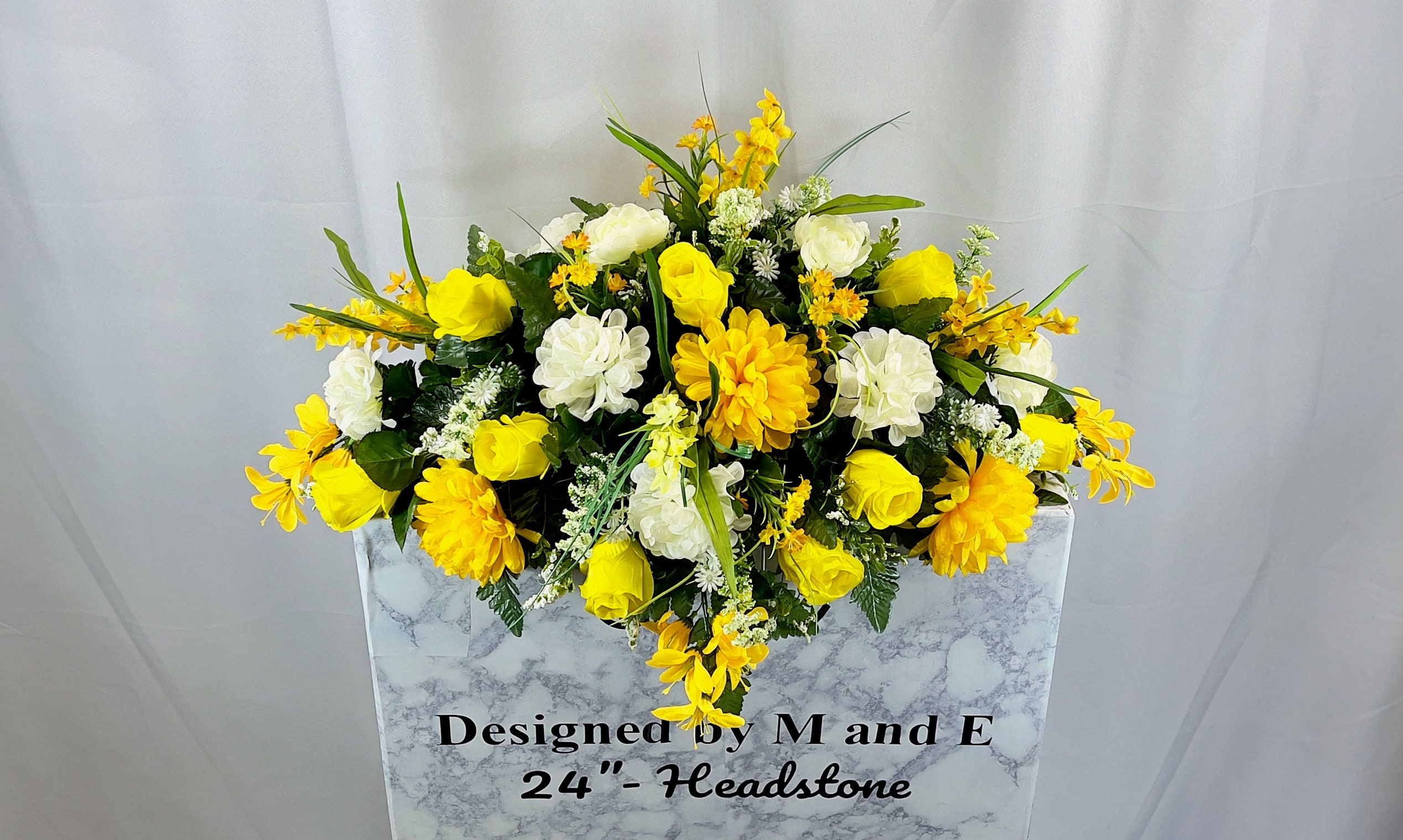X Unique Yellow and White Cemetery Saddle, Cemetery Flower Arrangement