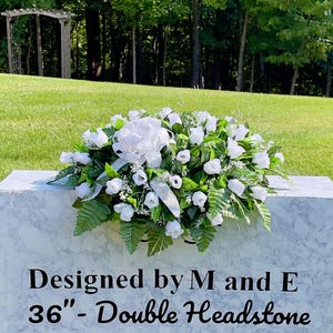 White Rose Cemetery Saddle: Silk Headstone Arrangement with Bow (22-24 inch)