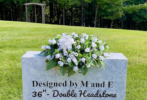 White Roses with Bow, 22"-24" Quality Silk Flowers Saddle, Cemetery Saddle, Cemetery Flower, Headstone Saddle Arrangement,