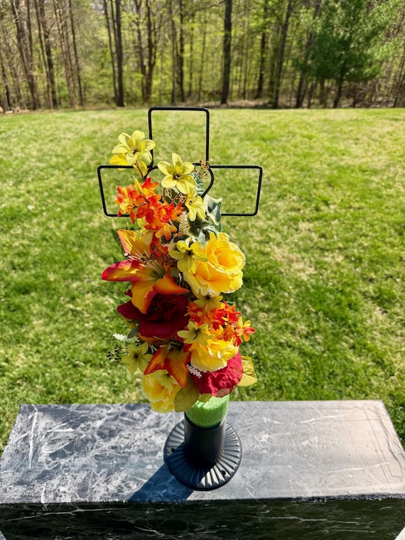 Orange and Yellow Silk Flower Cemetery Reusable Cross - Grave Decoration - Memorial Arrangement