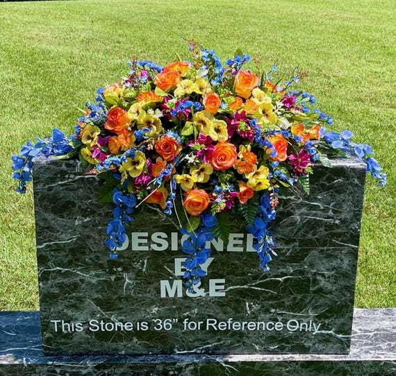 Silk Cemetery Saddle: Blue, Yellow & Orange Memorial Flowers
