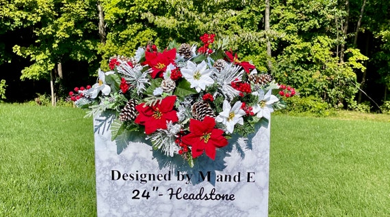 Poinsettia Pinecone Christmas Cemetery Saddle, Memorial Headstone Flower