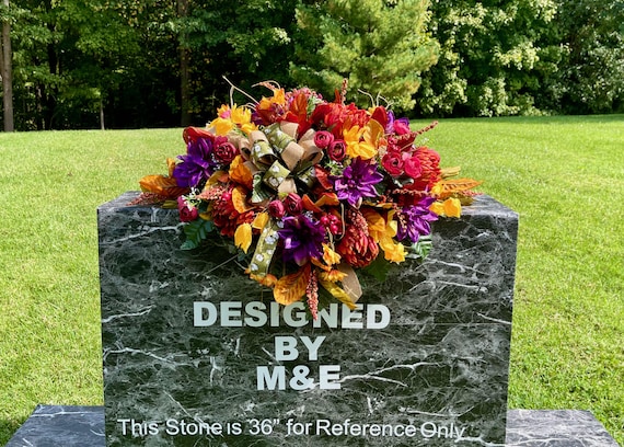Fall Colors with Bow Cemetery Saddle: Orange Purple and Reds Silk Flowers Headstone Arrangement