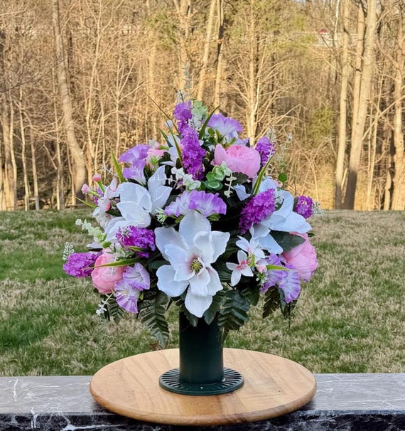 Violet and White Cemetery Vase, Grave Decorations, Memorial Flowers