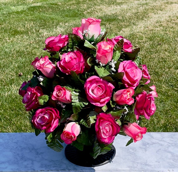 Bright Pink Roses Quality Silk Cemetery Vase, Vase, Memorial Cemetery Vase, Memorial Flowers, Memorial Day Cemetery Vase, Sympathy Flowers