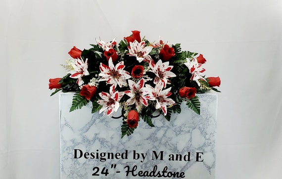 Poinsettia with Red Roses Christmas Cemetery Saddle, Christmas Cemetery Flowers, Headstone Saddle Arrangement, Christmas Headstone Saddle