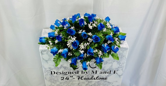 Blue Single Headstone Cemetery Saddle, 22-24” Cemetery Flower Arrangement, Flowers for Cemetery, Memorial Saddle, Sympathy Flowers
