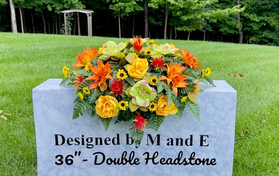 Pink-Green, Yellow and Orange Mix Quality Silk Flowers, Cemetery Saddle, Cemetery Flowers, Headstone Saddle, Cemetery Arrangement,