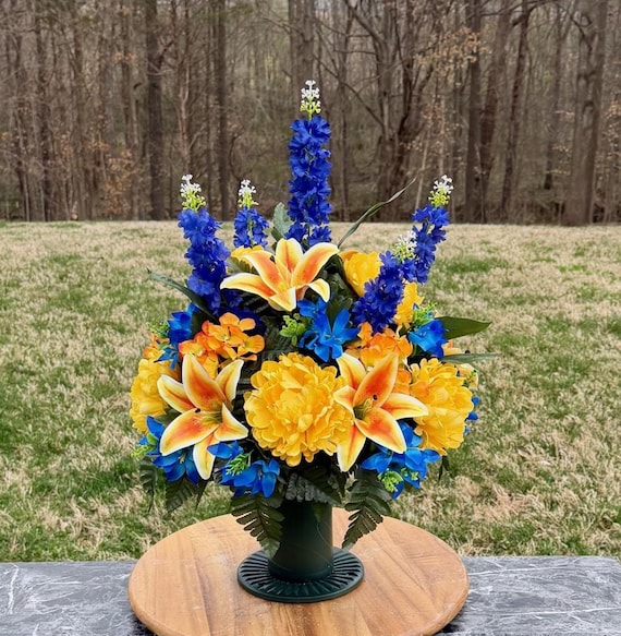 Blue, Orange and Yellow Cemetery Vase Arrangement, Headstone Arrangement, Memorial Flowers