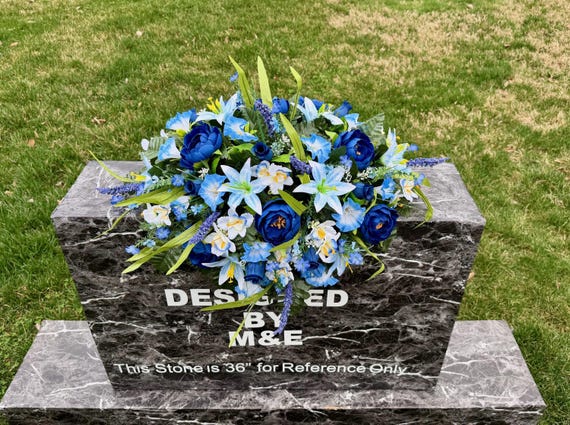 Blue Green Cemetery Saddle Arrangement, Memorial Grave Decoration Flowers
