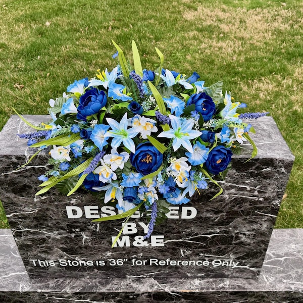 Blue Green Cemetery Saddle Arrangement, Memorial Grave Decoration Flowers