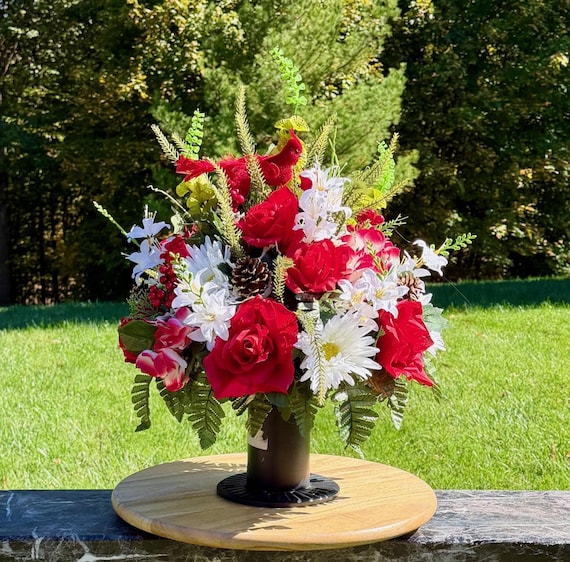 Little Bird Cardinal Christmas Cemetery Vase Arrangement: Memorial Flowers