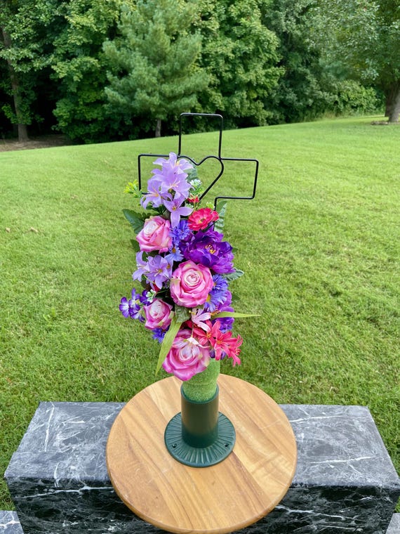 Silk Violet Cemetery Cross: Memorial Flower Arrangement
