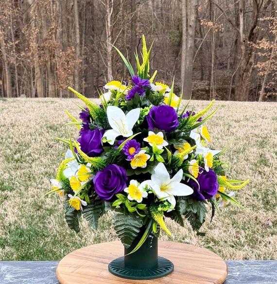 Purple, White and Yellow Cemetery Vase Arrangement, Headstone Arrangement, Memorial Flowers
