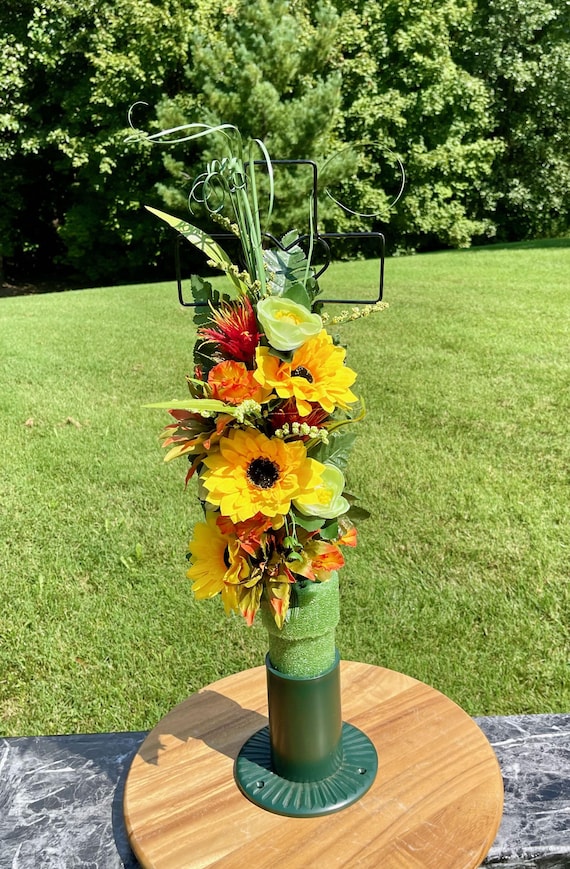 Silk Cemetery Cross Flower Arrangement: Yellow and Green Memorial