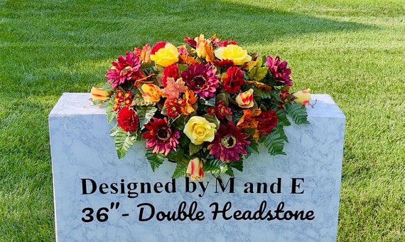 Burgundy-Pink-Yellow Flower Cemetery Saddle, Cemetery Saddle, Cemetery Flower, Headstone Saddle Arrangement, Headstone Saddle, Silk Flower