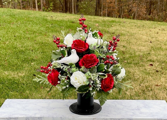Doves and Flowers Christmas Cemetery Vase Piece, Vase, Memorial Cemetery Vase, Memorial Flower, Memorial Day Cemetery Vase, Sympathy Flowers