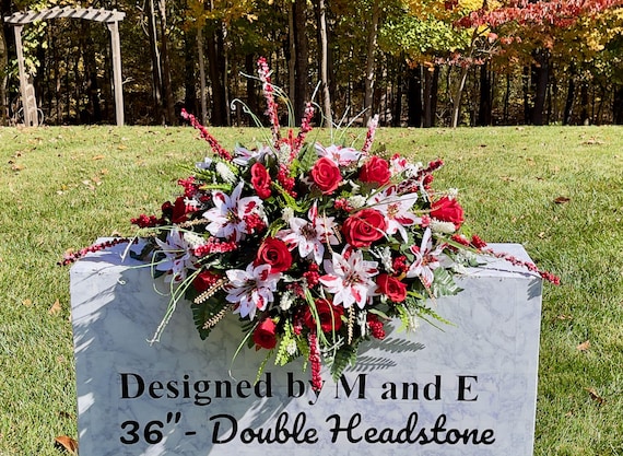 Christmas Poinsettia Cemetery Saddle, Headstone Flowers, Memorial Arrangement