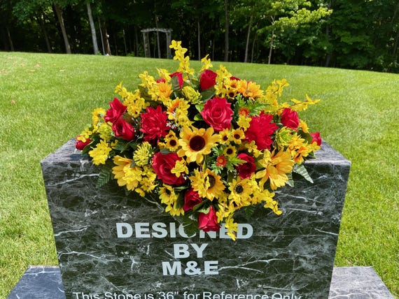 Red, Yellow and White Mix Quality Silk Flowers, Cemetery Saddle, Cemetery Flowers, Headstone Saddle, Cemetery Arrangement,