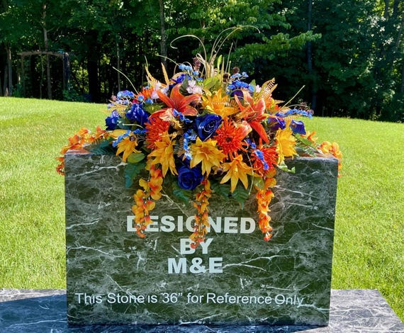 Silk Cemetery Saddle: Blues & Oranges Memorial Headstone Flowers