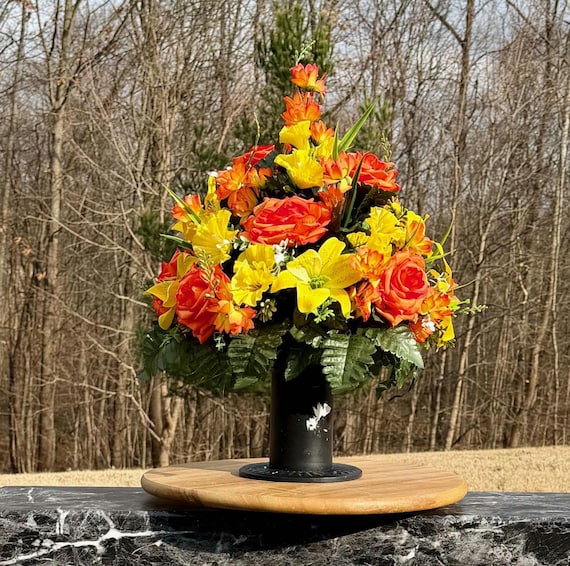 Orange Yellow Cemetery Vase Arrangement, Memorial Silk Flowers